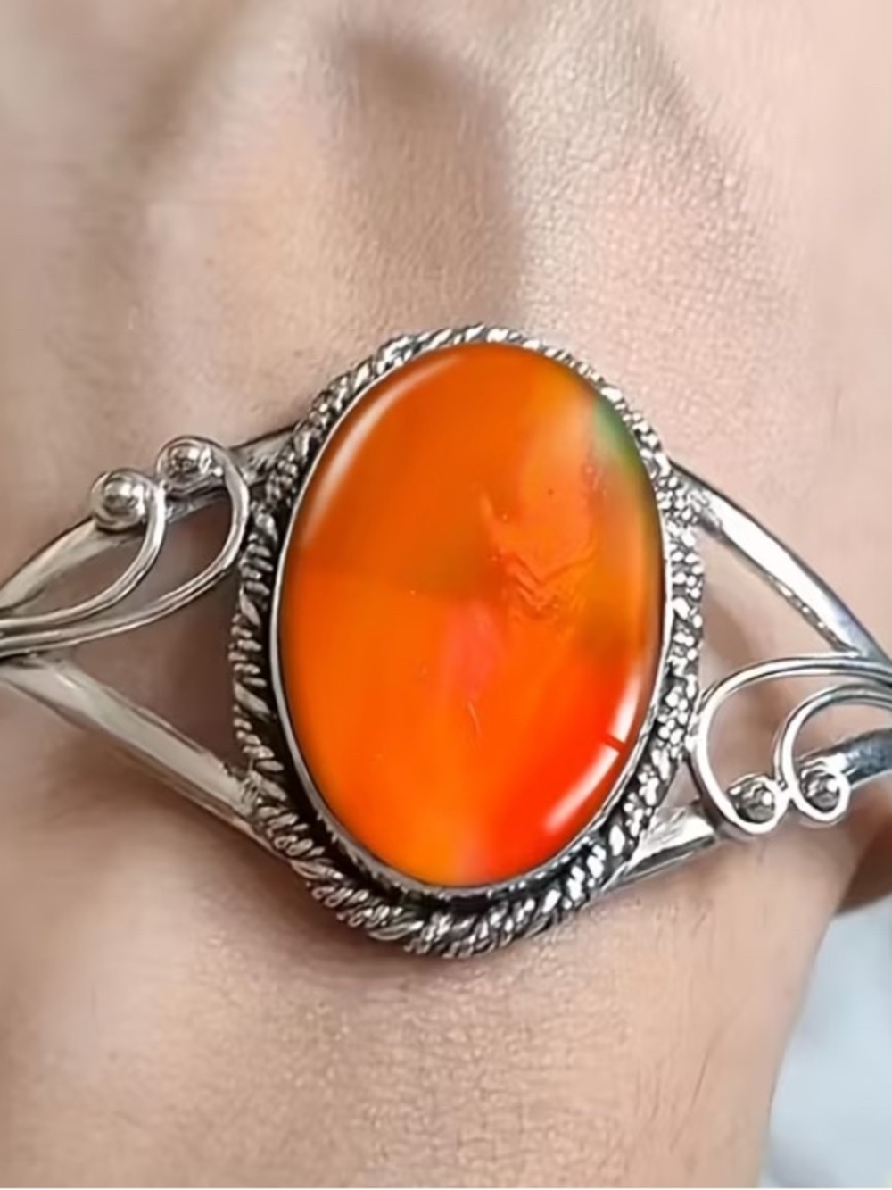 Silvertone Cuff Bracelet with Orange Glass Stone